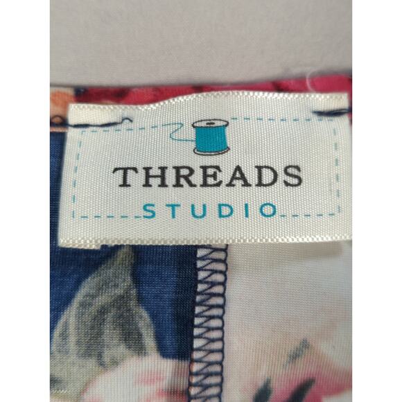 Threads Studio Womens Navy Floral Bell Sleeve Top 3/4 Ruffle Shirt Medium - Picture 2 of 10